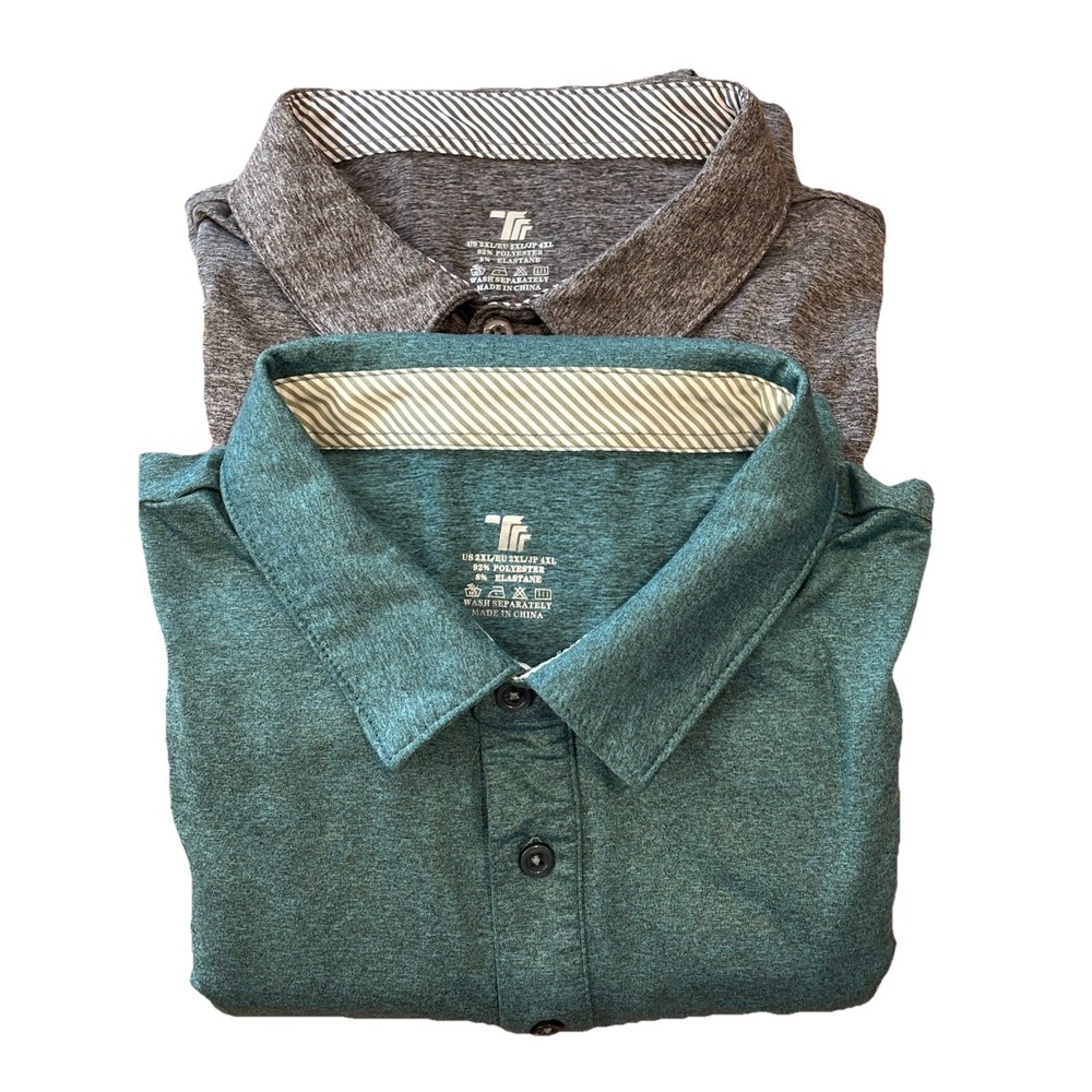 Lot Of 2 TRR Mens 2X Long Sleeve Stretch Performance Polos Heathered Teal & Gray